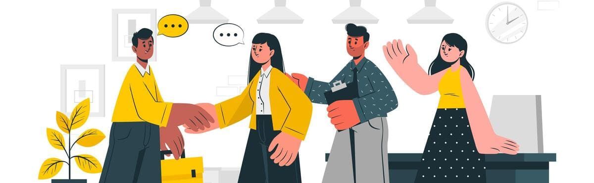 Illustration de collègues qui se saluent et se serrent la main, pour l'accueil d'un nouvel employé