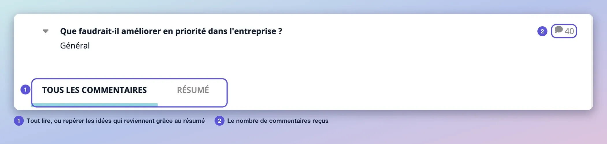 Le haut de la page Commentaires : une question ouverte avec son nombre de commentaires et les onglets Tous les commentaires et Résumé
