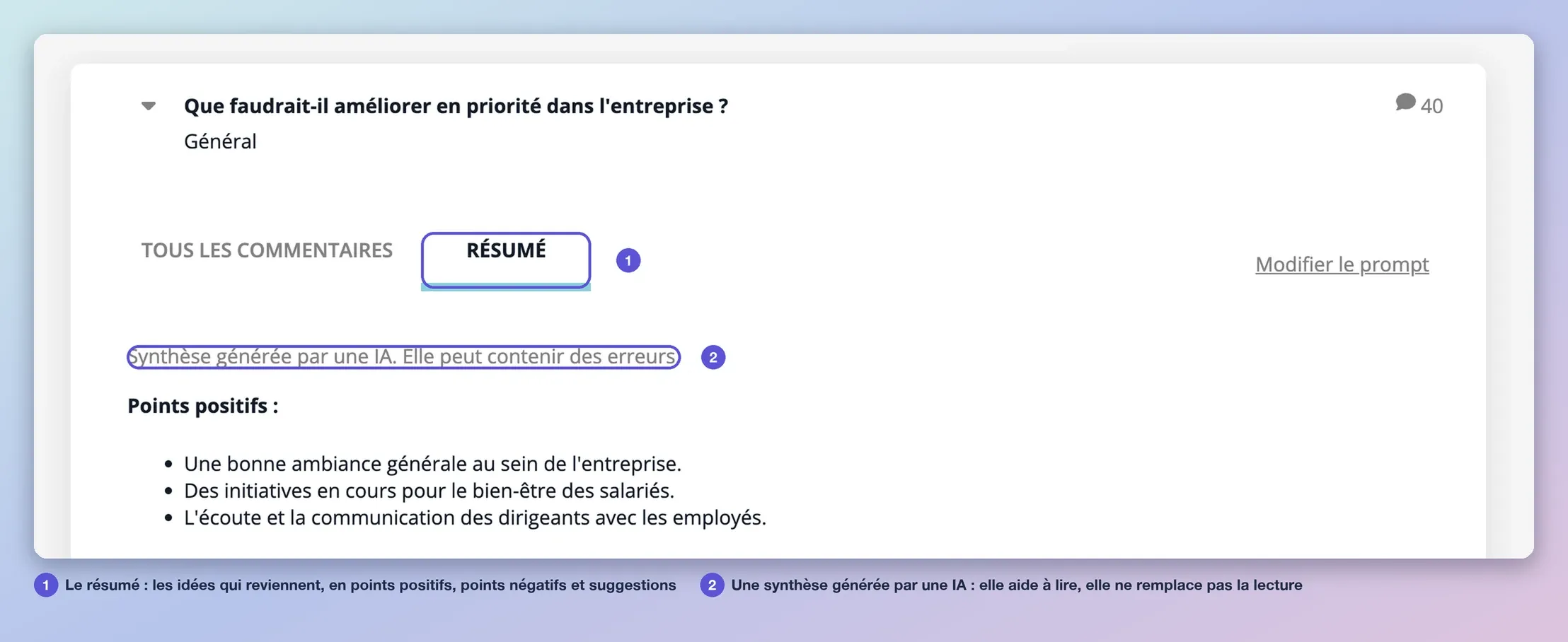 L’onglet Résumé d’une question ouverte : une synthèse générée par une IA, avec les points positifs, les points négatifs et les suggestions d’amélioration