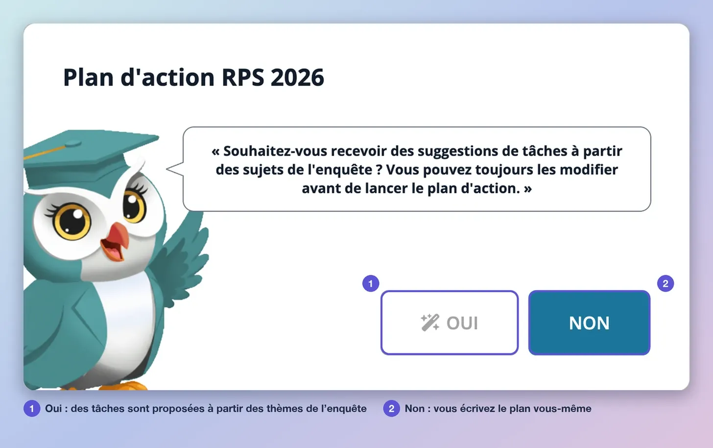 L’assistant de création du plan d’action : la question sur les suggestions de tâches, avec les réponses Oui et Non