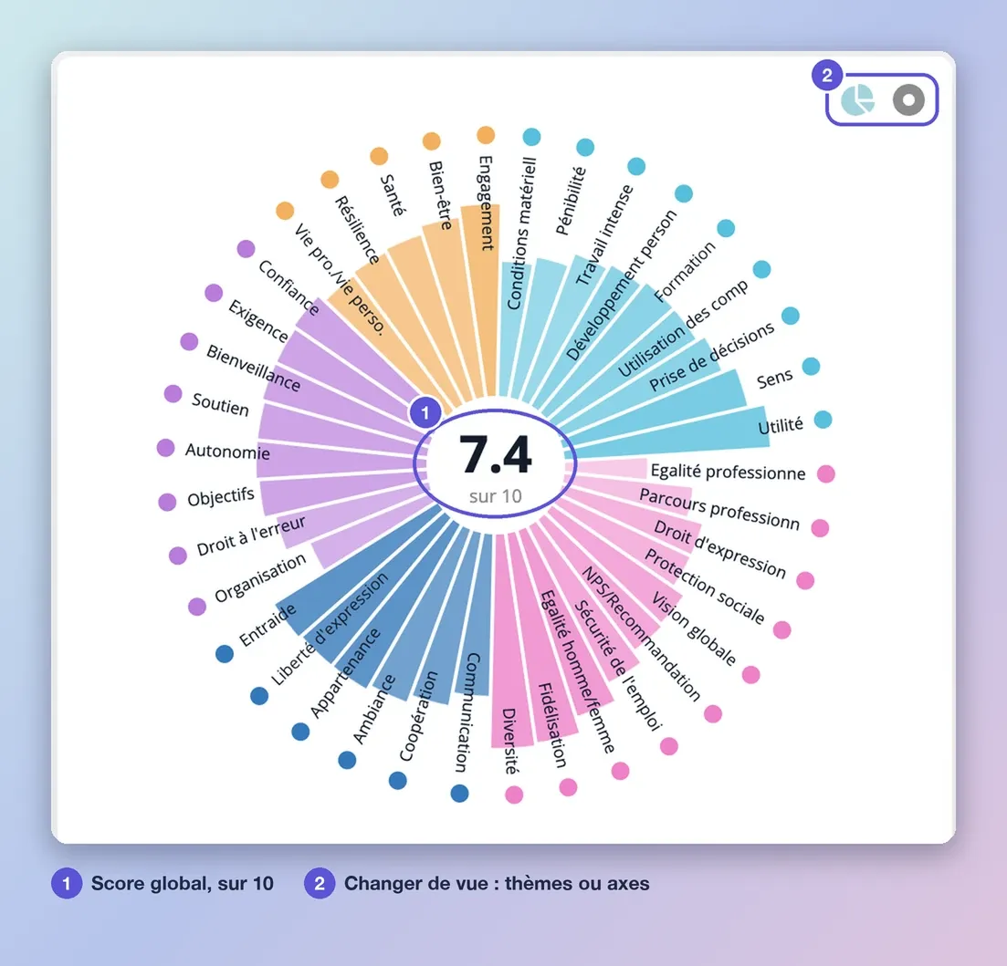 Rosace des résultats : le score global sur 10 est au centre (repère 1), deux icônes en haut à droite changent la vue (repère 2)