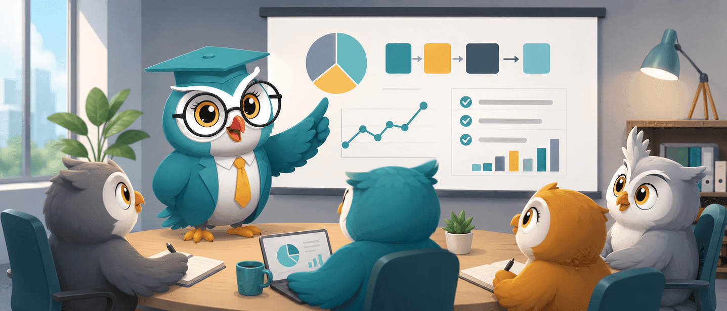 Illustration de chouettes en réunion autour d'un tableau de résultats, pour la culture d'entreprise