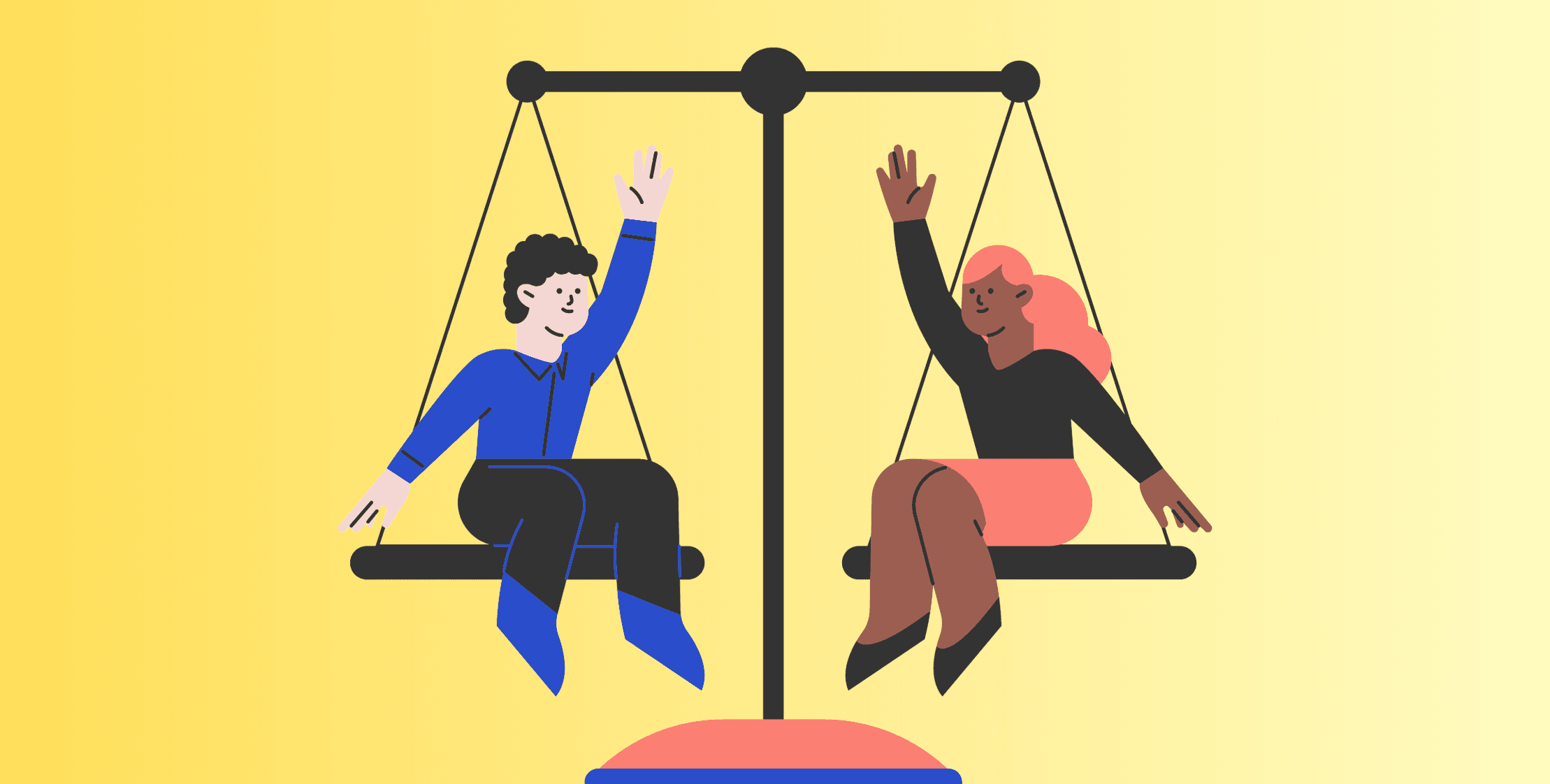 Illustration d'une balance avec un homme et une femme en équilibre, symbole de l'égalité professionnelle