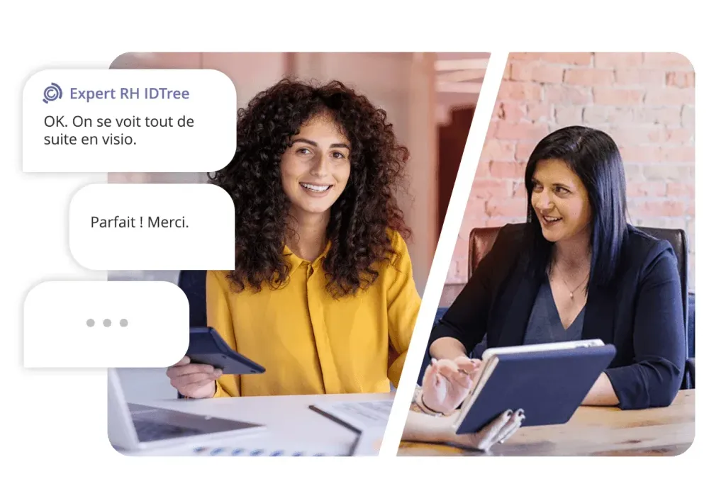 Deux femmes en échange, avec une conversation de messages avec un expert RH IDTree