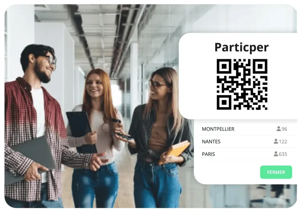 Trois collègues marchant dans un couloir, avec un QR code pour participer à l'enquête et le nombre de participants par site