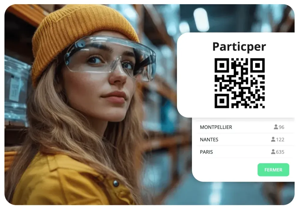 Salariée en bonnet et lunettes de protection dans un entrepôt, avec un QR code pour participer à l'enquête et le nombre de participants par site