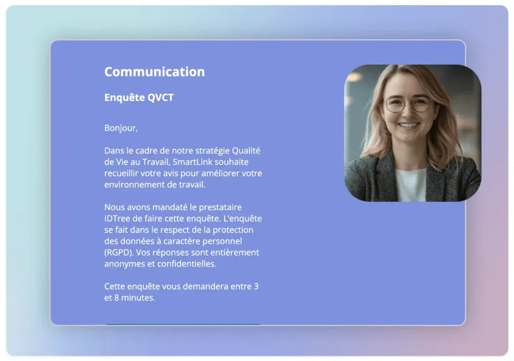 Message de communication d'une enquête QVCT dans IDTree, avec le portrait d'une femme souriante