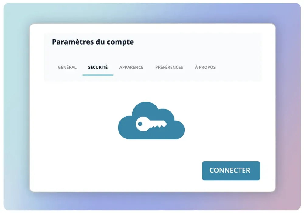 Page des paramètres de compte IDTree avec un nuage et une clé pour se connecter