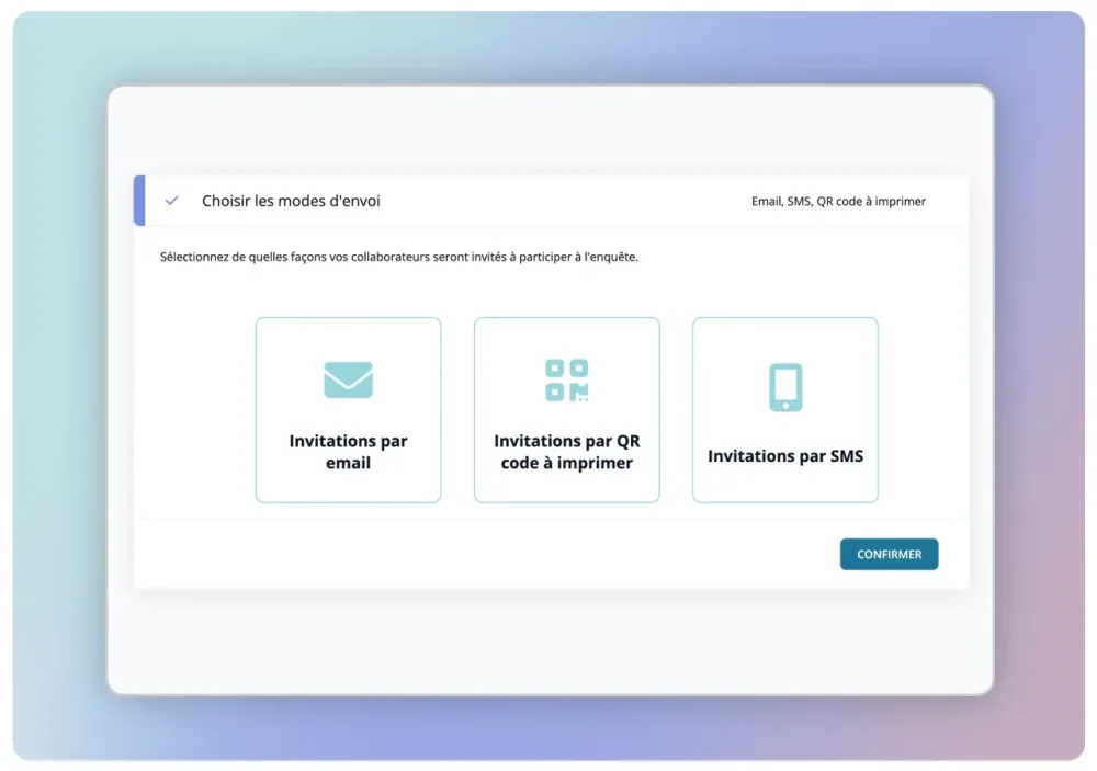 Choix des modes d'envoi d'une enquête IDTree : invitations par e-mail, QR code ou SMS