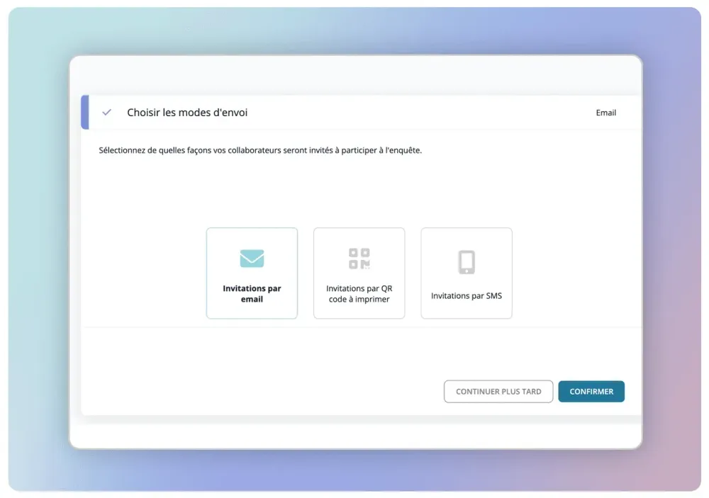 Choix des modes de diffusion d'une enquête IDTree : invitations par e-mail, QR code ou SMS