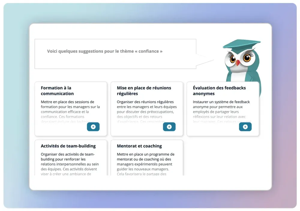 Écran IDTree de suggestions d'actions pour le thème « confiance », avec la chouette mascotte