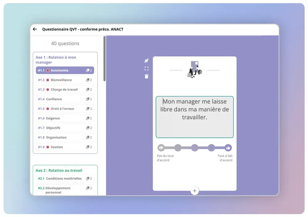 Éditeur de questionnaire IDTree avec une question sur la manière de travailler du manager