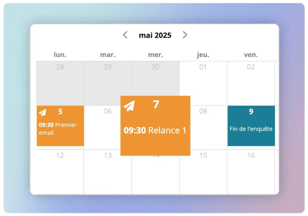 Calendrier des relances d'une enquête IDTree : premier e-mail, relance et fin de l'enquête