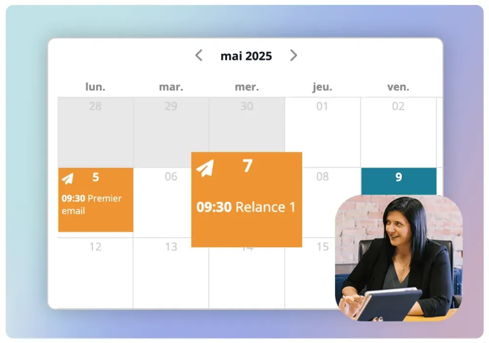 Calendrier des relances d'une enquête IDTree, avec une conseillère souriante au téléphone