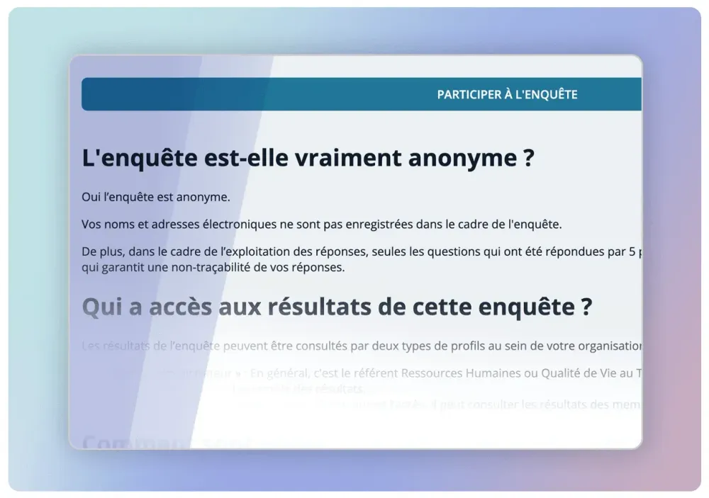 Page d'enquête « L'enquête est-elle vraiment anonyme ? » expliquant comment l'anonymat est garanti