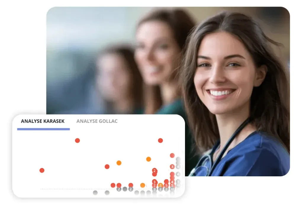 Femme souriante en blouse, avec un graphique d'analyse Karasek et Gollac