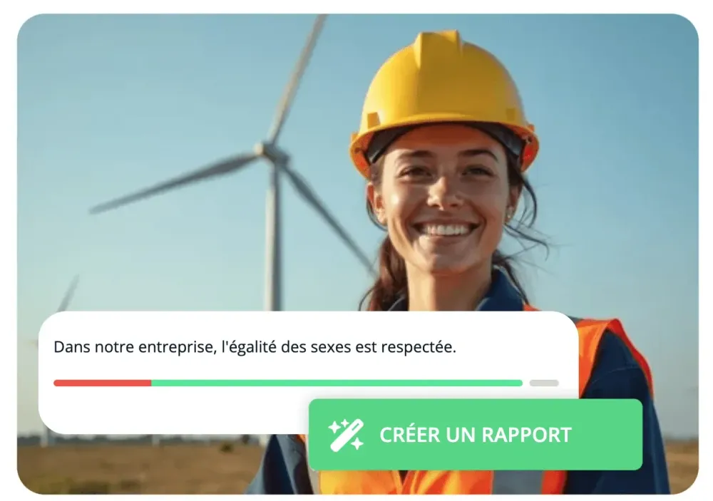 Ouvrière souriante en casque devant une éolienne, avec la question « Dans notre entreprise, l'égalité des sexes est respectée » et le bouton Créer un rapport
