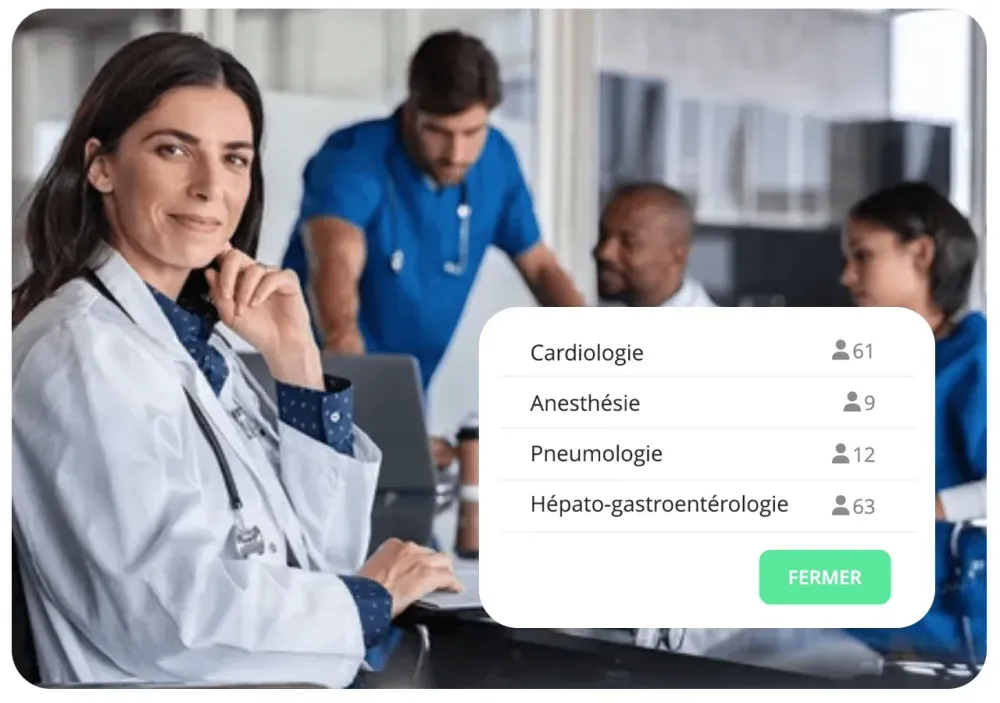 Médecin en blouse blanche souriante dans un service hospitalier, avec le nombre de participants par service