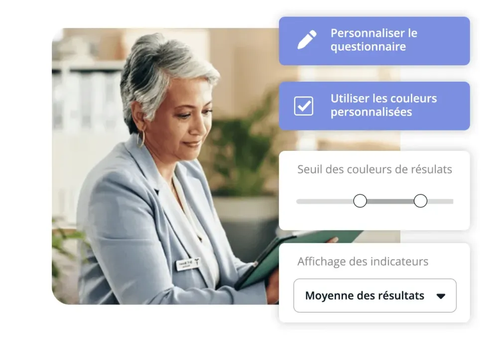 Femme souriante et options de personnalisation d'un questionnaire IDTree : couleurs, seuils, indicateurs