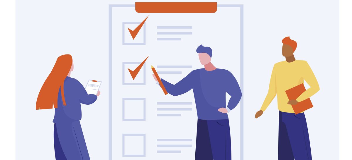 Illustration de trois personnes autour d'une liste de contrôle cochée, pour mesurer les risques psychosociaux