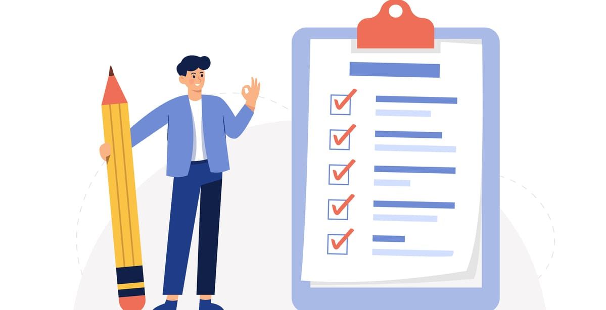Illustration d'un homme tenant un crayon géant devant une liste de contrôle, pour les obligations de l'employeur
