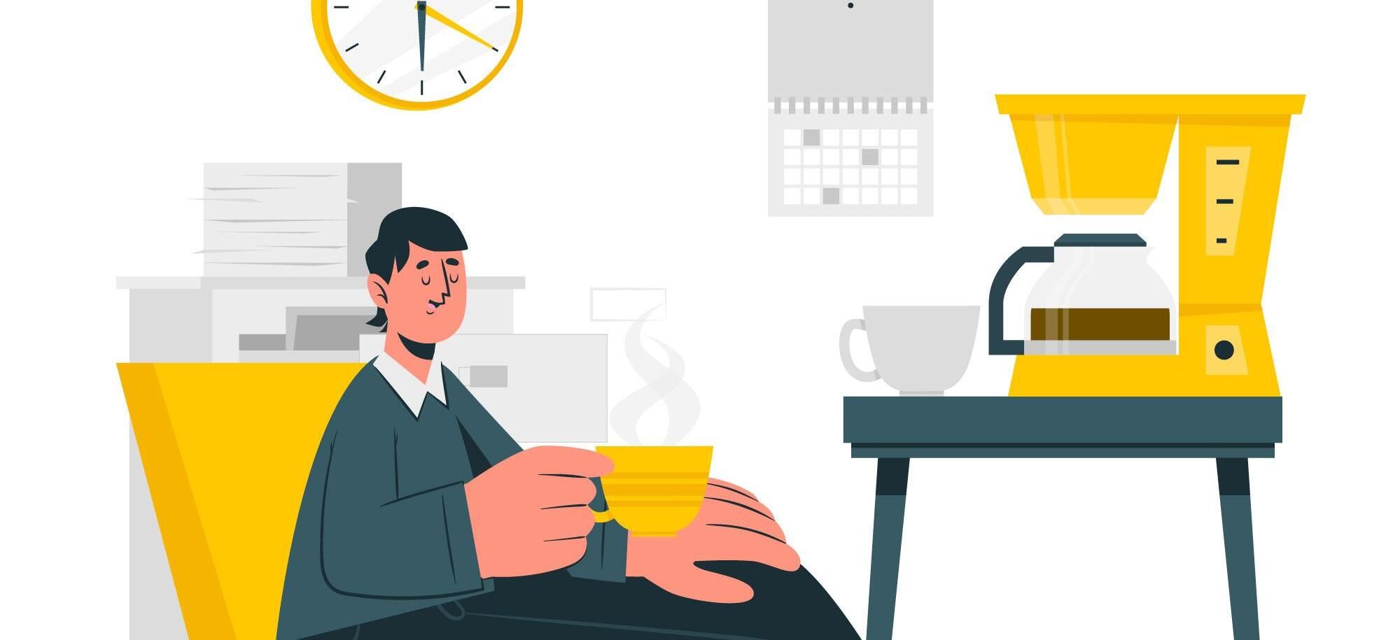 Illustration d'un salarié en pause devant une machine à café