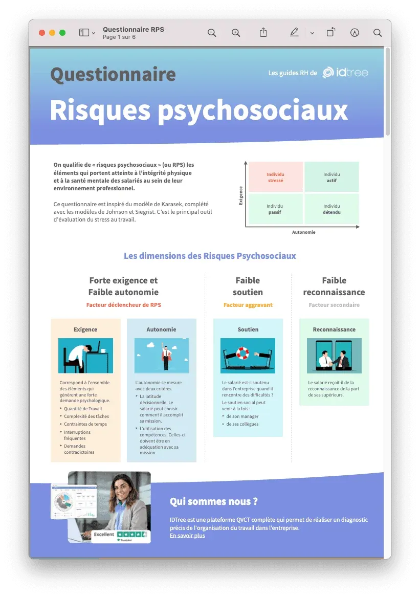 Aperçu du questionnaire sur les risques psychosociaux inspiré du modèle Karasek, 43 questions (PDF)
