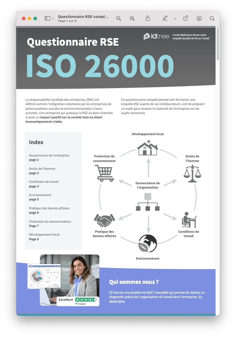Aperçu du questionnaire RSE complet selon la norme ISO 26000, 73 questions (PDF)