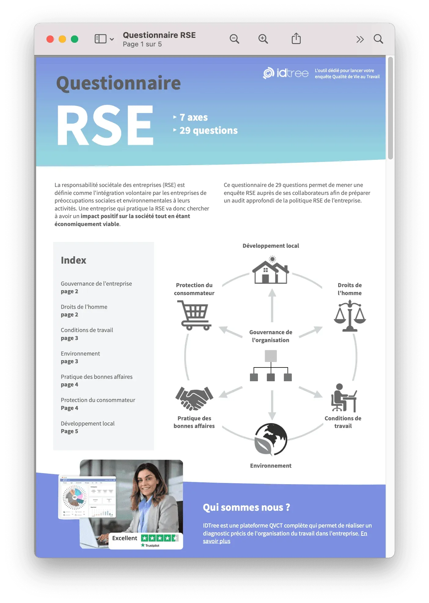 Aperçu du questionnaire RSE sur les conditions de travail, 29 questions (PDF)