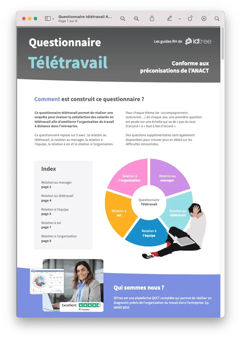 Aperçu du questionnaire télétravail conforme aux préconisations de l'ANACT (PDF)