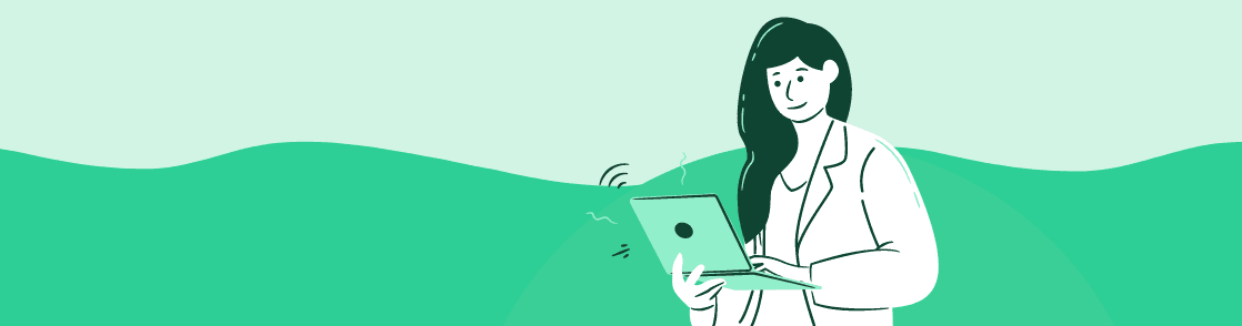 Illustration d'une femme avec une tablette sur fond vert, pour la qualité de vie en télétravail
