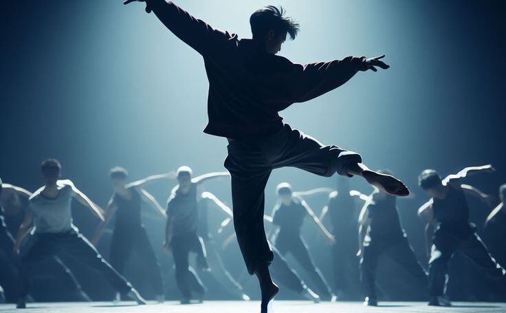 Danseur en pleine action devant un groupe de danseurs, pour l'attractivité de l'employeur