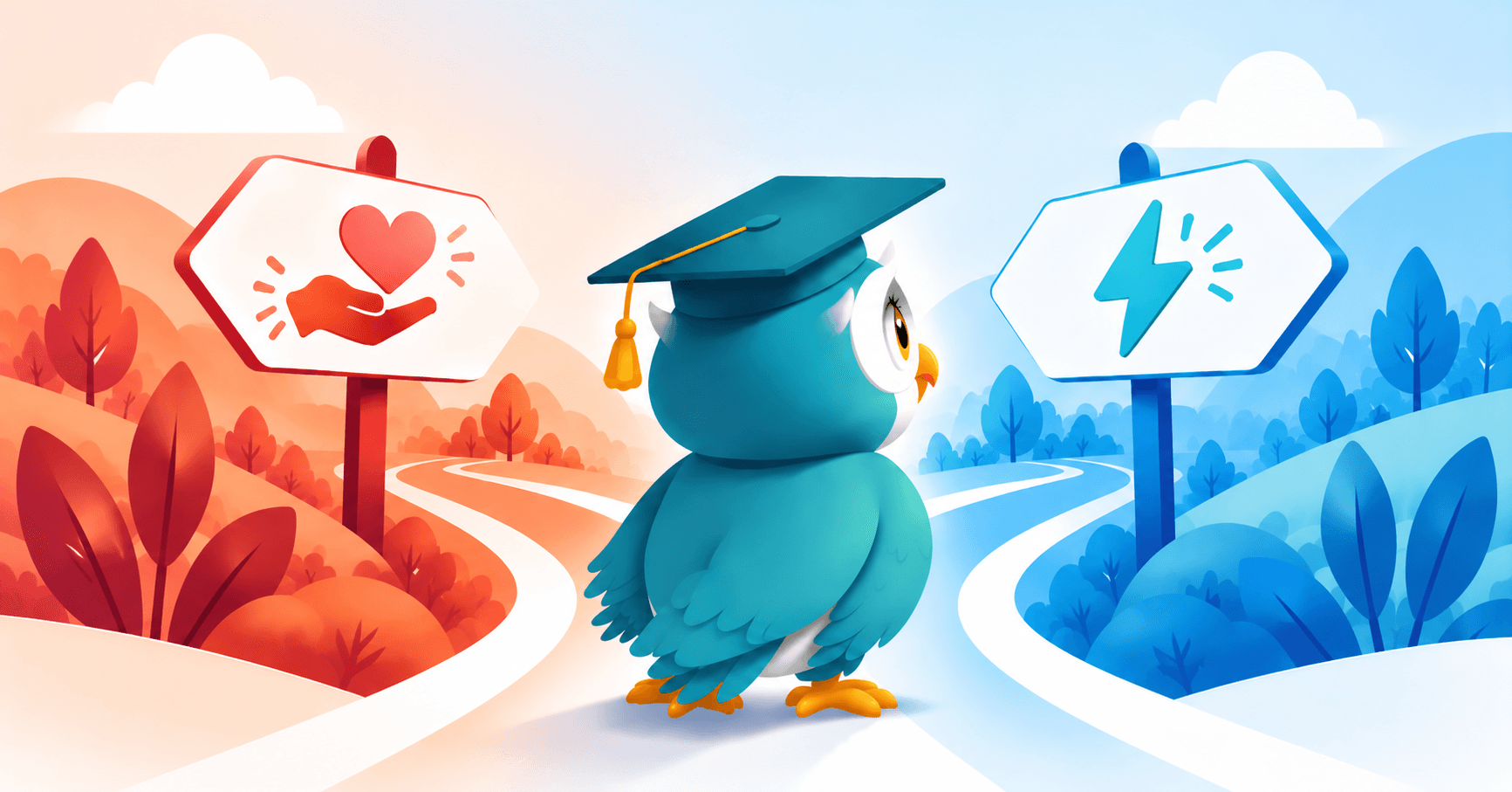 Illustration d'une chouette diplômée entre deux panneaux, l'un pour l'engagement, l'autre pour les risques psychosociaux