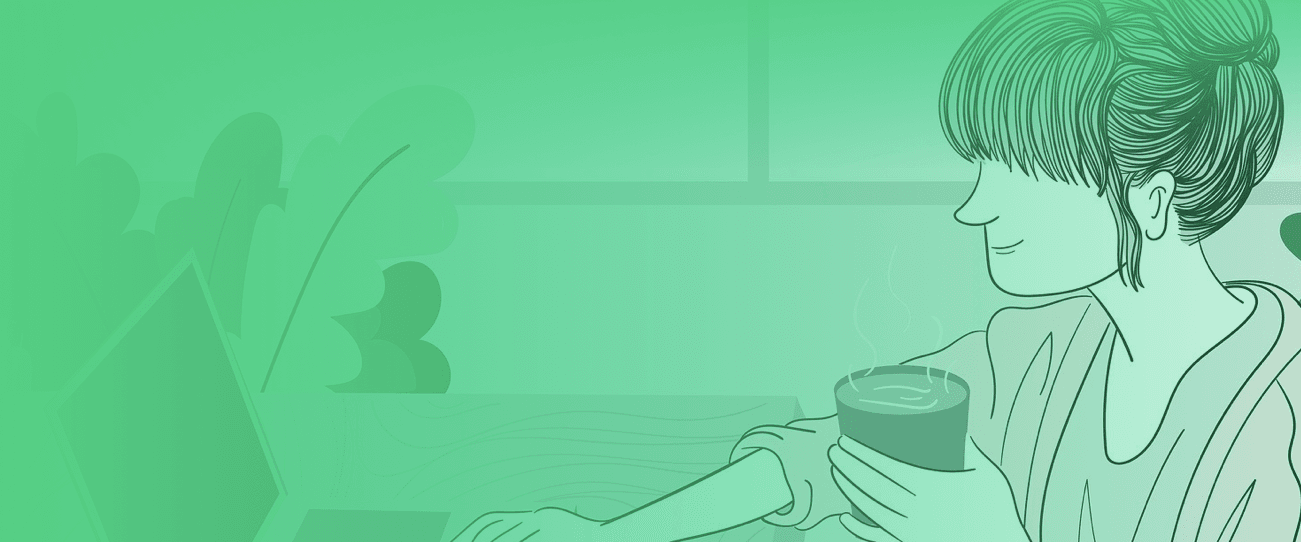 Illustration d'une femme buvant un café, sur fond vert, pour la charte télétravail